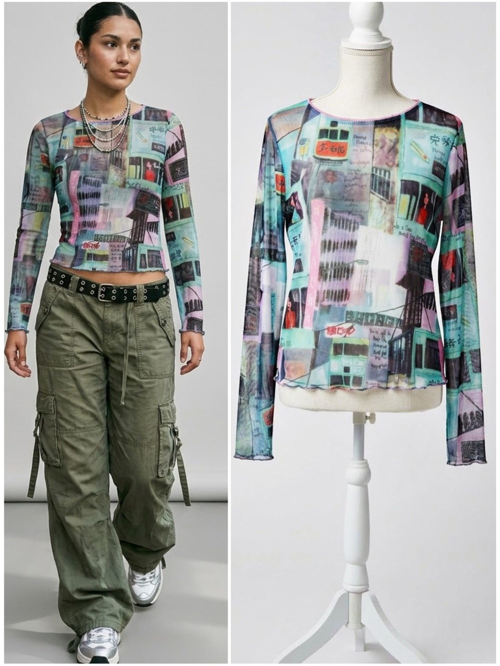 Vintage Xhilaration Y2K Hong Kong Cityscape Sheer Mesh Long Sleeve Top Medium